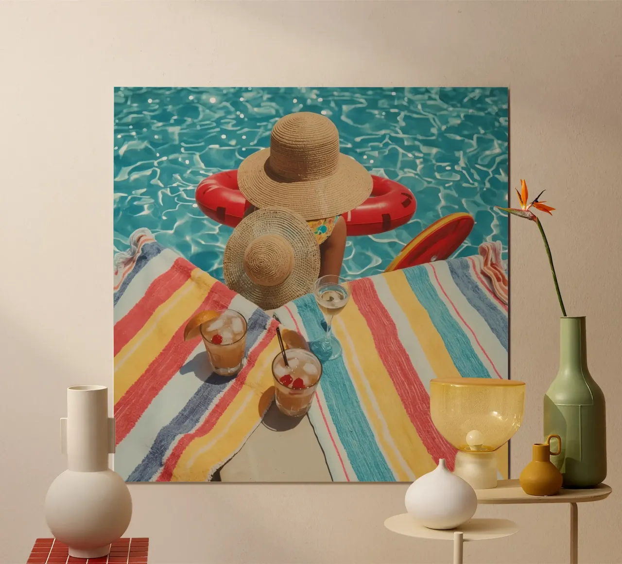 Drinks Hats and Pool Float Beside Swimming Pool poster by DesignDoodle