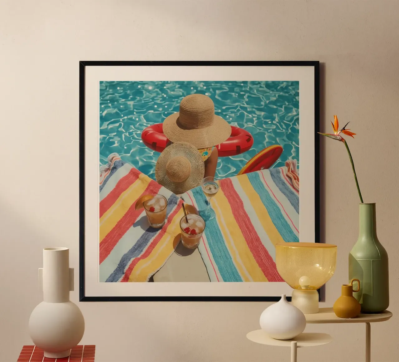 Drinks Hats and Pool Float Beside Swimming Pool poster by DesignDoodle