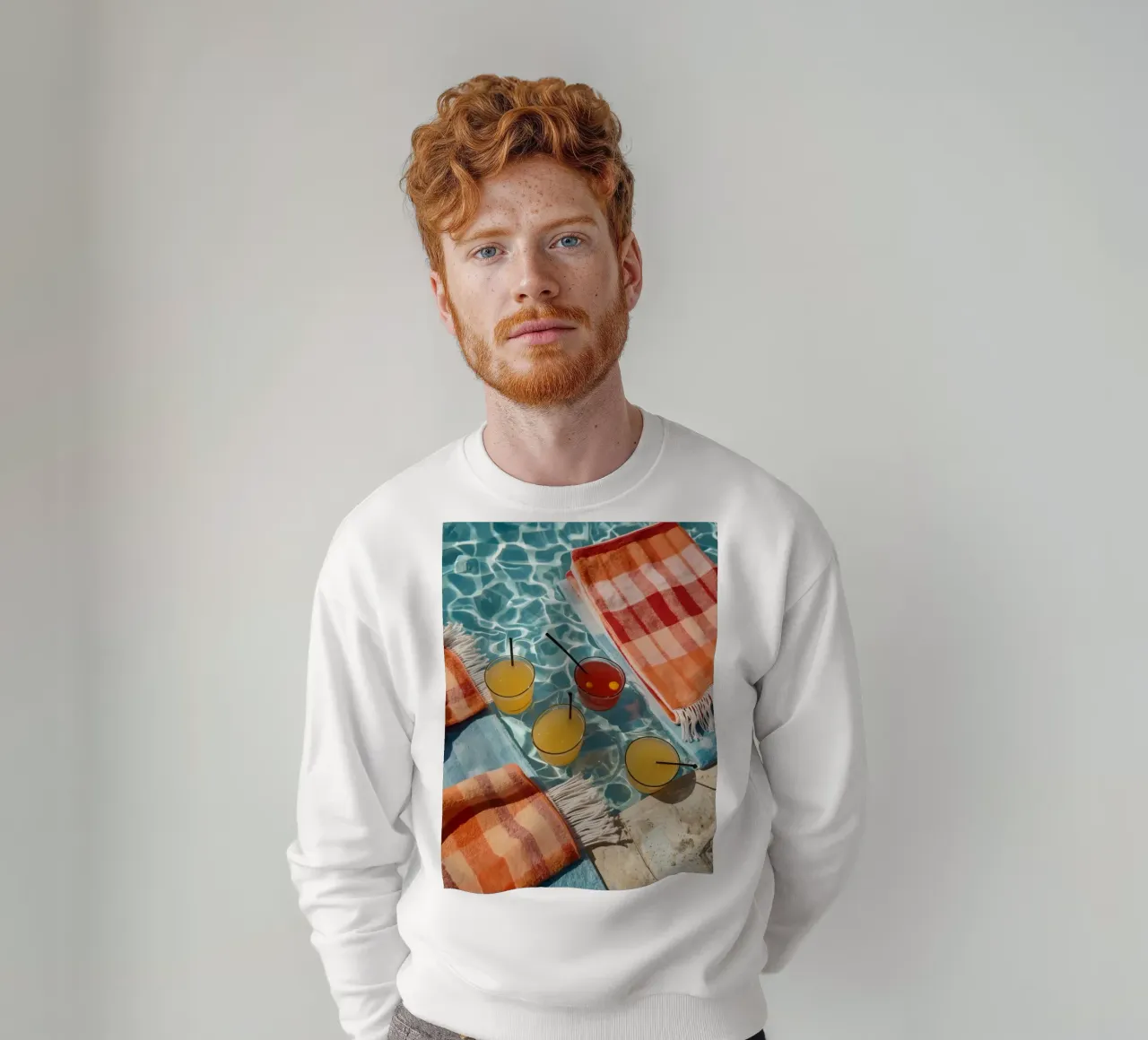 Four Cocktails and Towels Floating in Swimming Pool sweatshirt by DesignDoodle