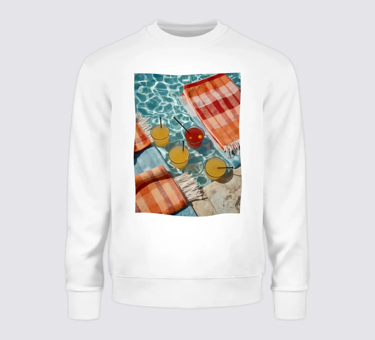 Four Cocktails and Towels Floating in Swimming Pool sweatshirt by DesignDoodle