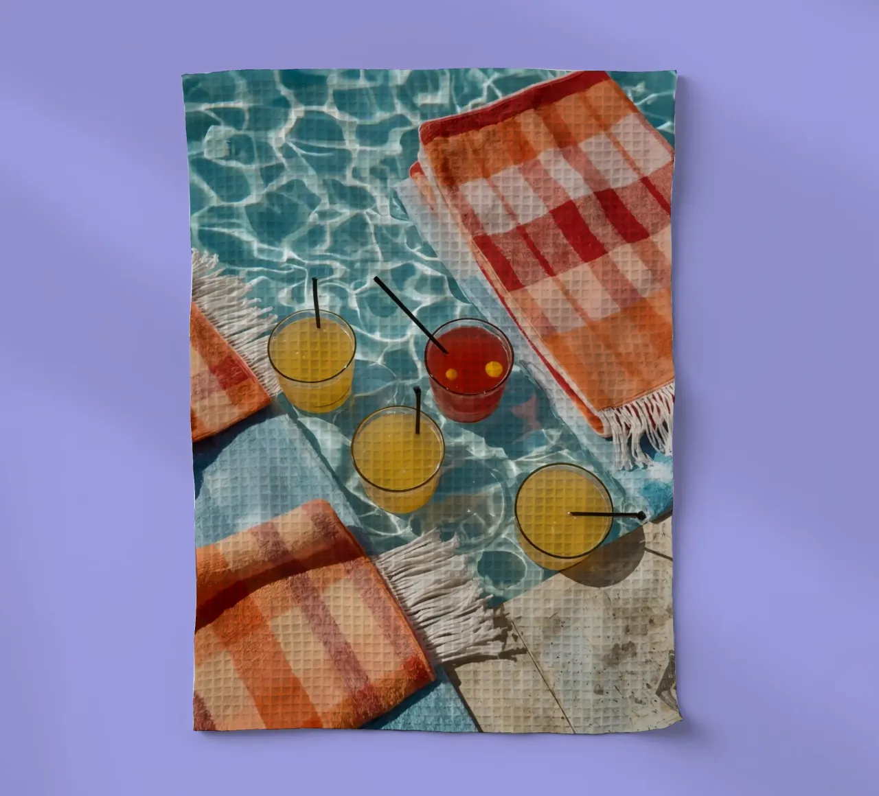 Four Cocktails and Towels Floating in Swimming Pool tea towel by DesignDoodle