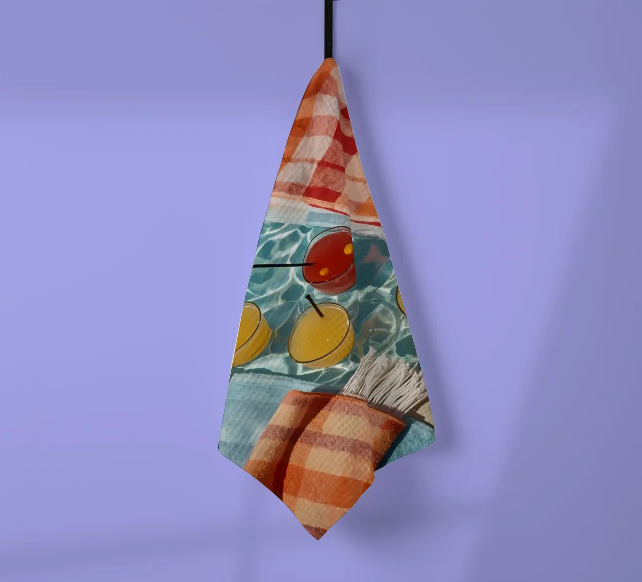Four Cocktails and Towels Floating in Swimming Pool tea towel by DesignDoodle