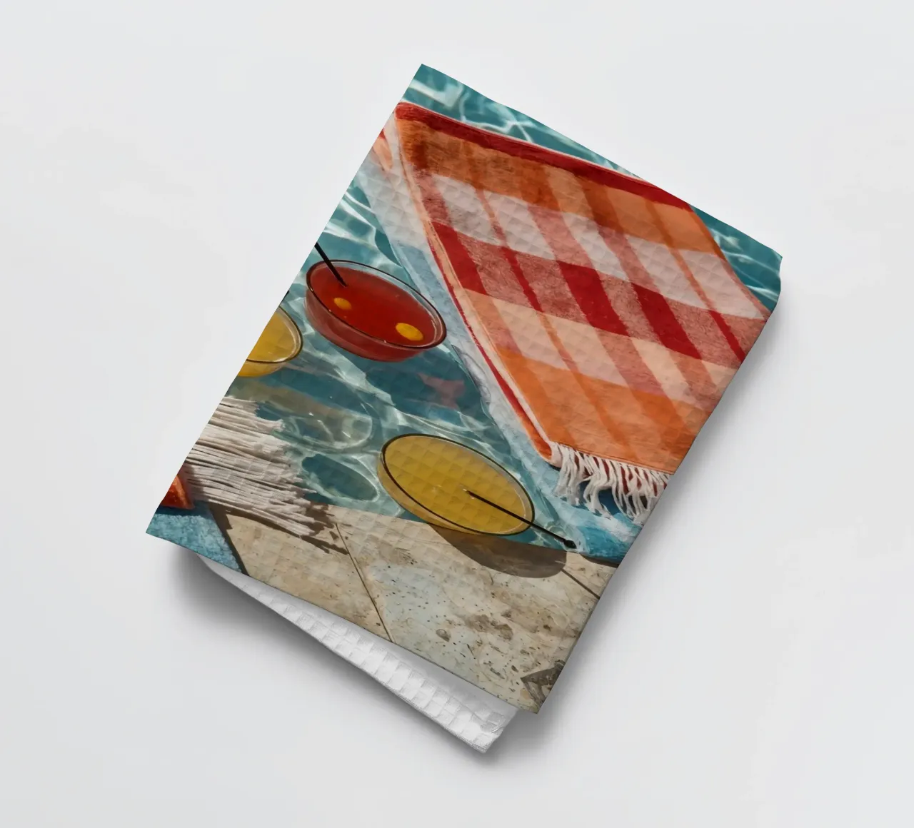 Four Cocktails and Towels Floating in Swimming Pool tea towel by DesignDoodle