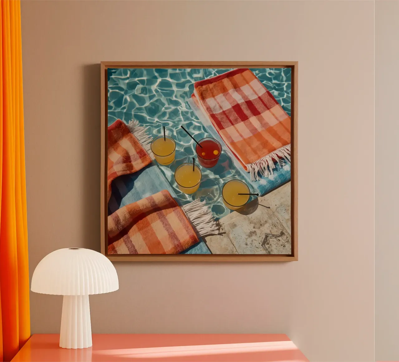 Four Cocktails and Towels Floating in Swimming Pool canvas by DesignDoodle