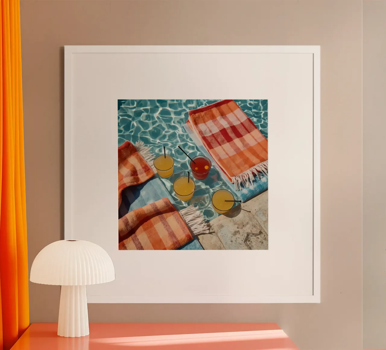 Four Cocktails and Towels Floating in Swimming Pool hahnemühle by DesignDoodle