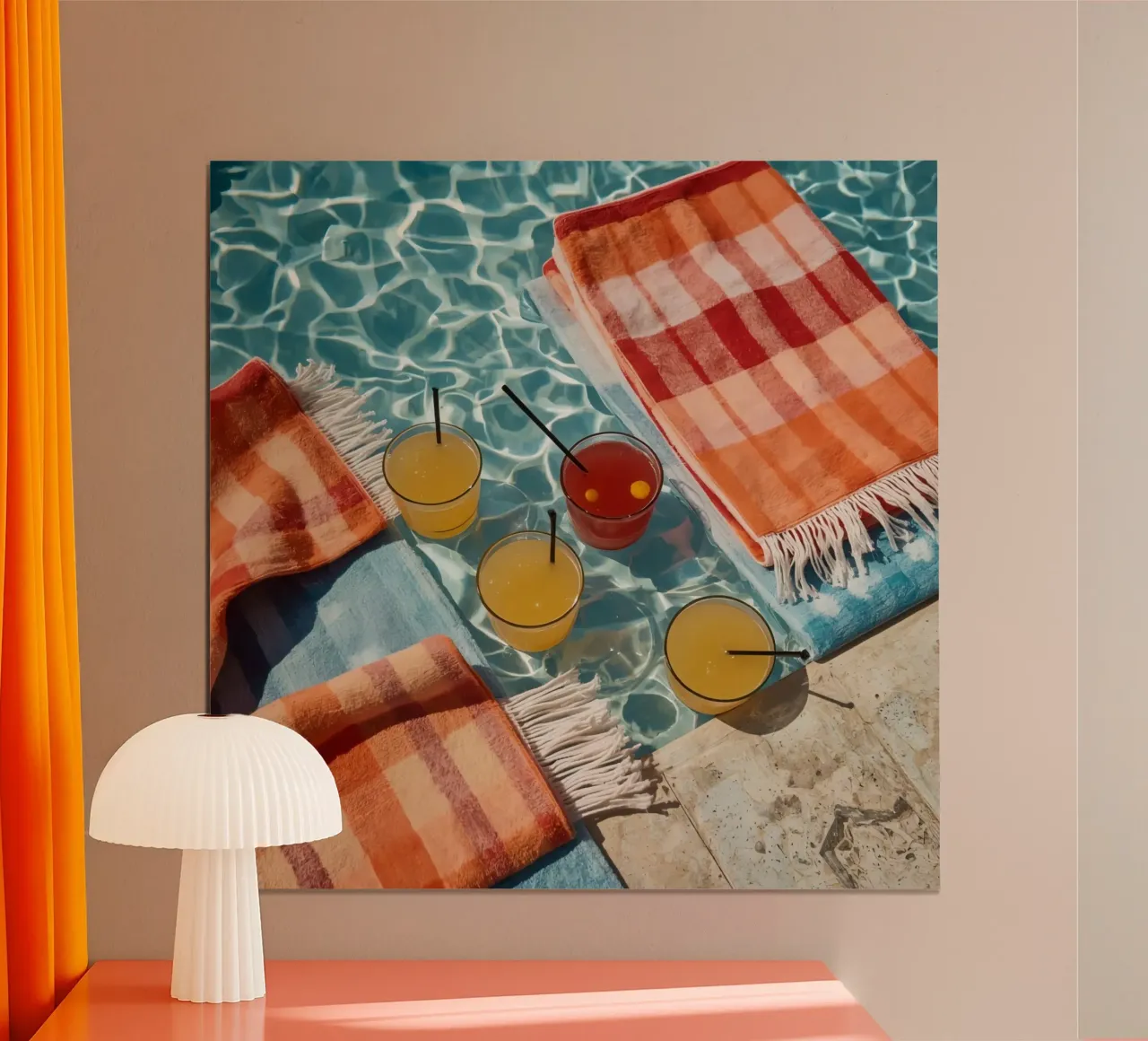 Four Cocktails and Towels Floating in Swimming Pool hahnemühle by DesignDoodle