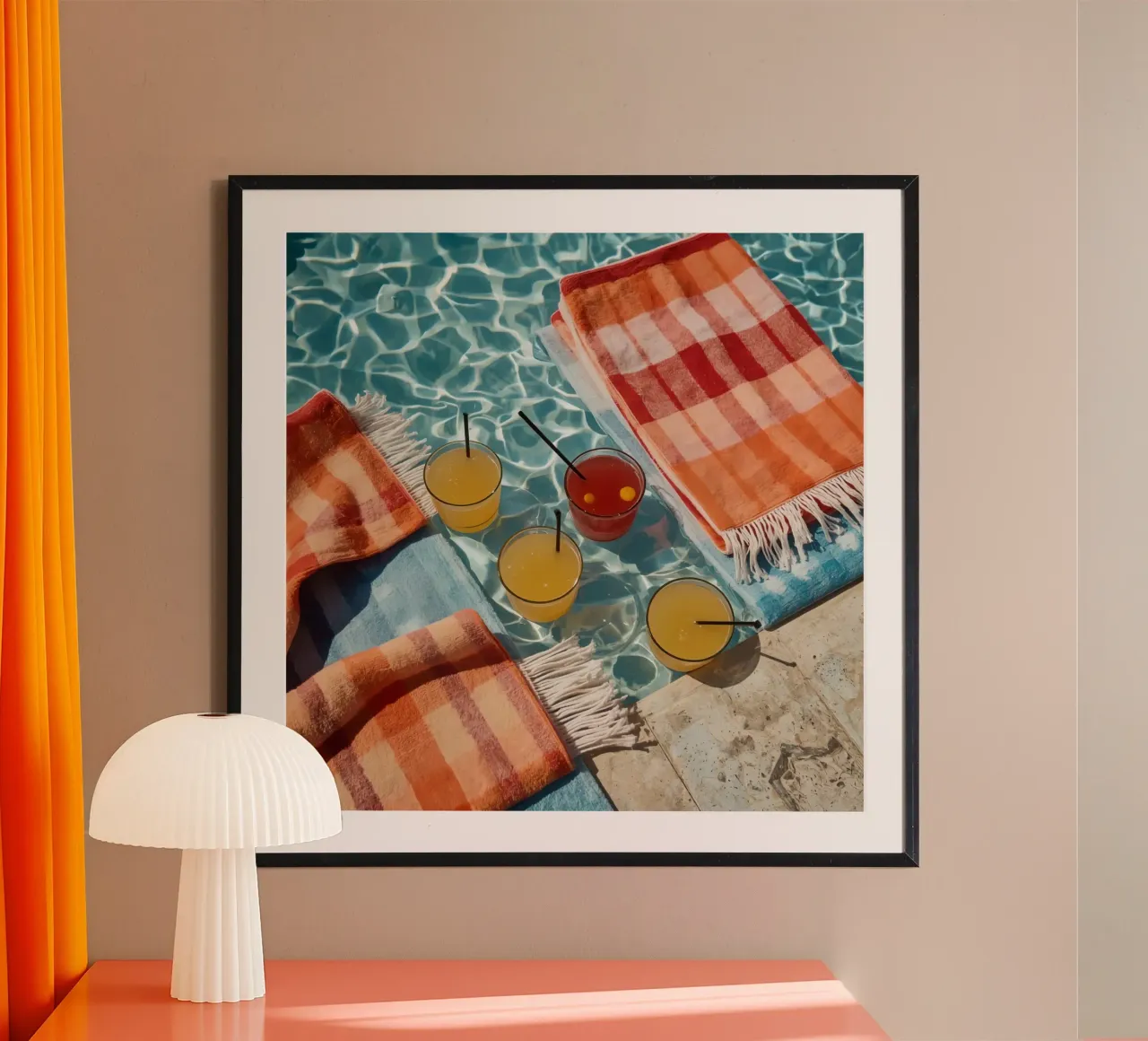 Four Cocktails and Towels Floating in Swimming Pool hahnemühle by DesignDoodle