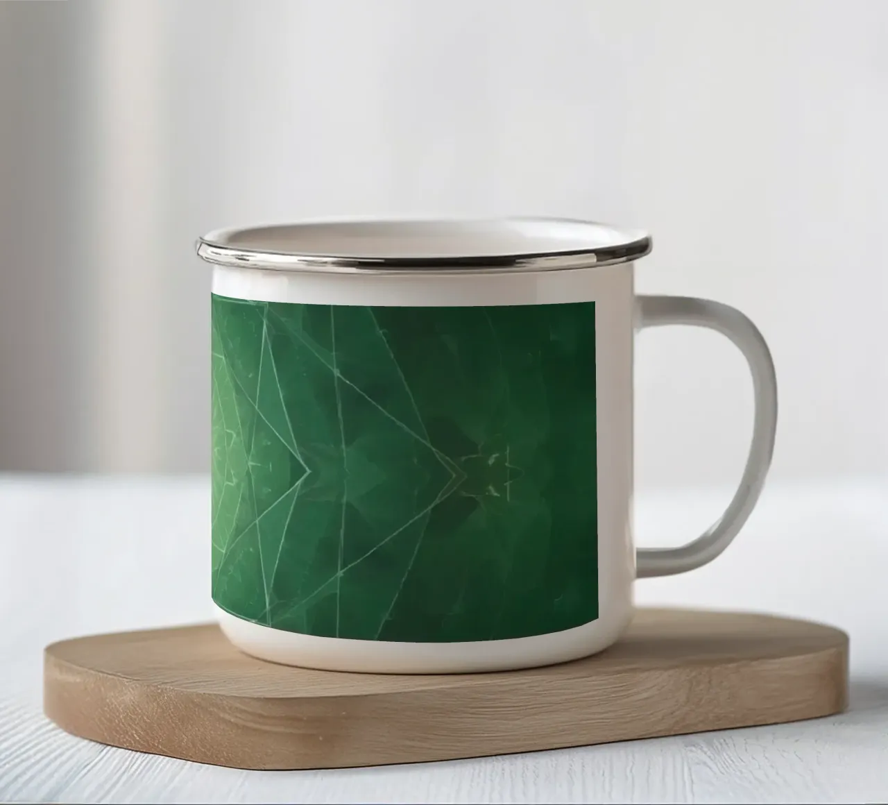 Composizione geometrica radiale verde con luce centrale tazza in smalto da DesignDoodle