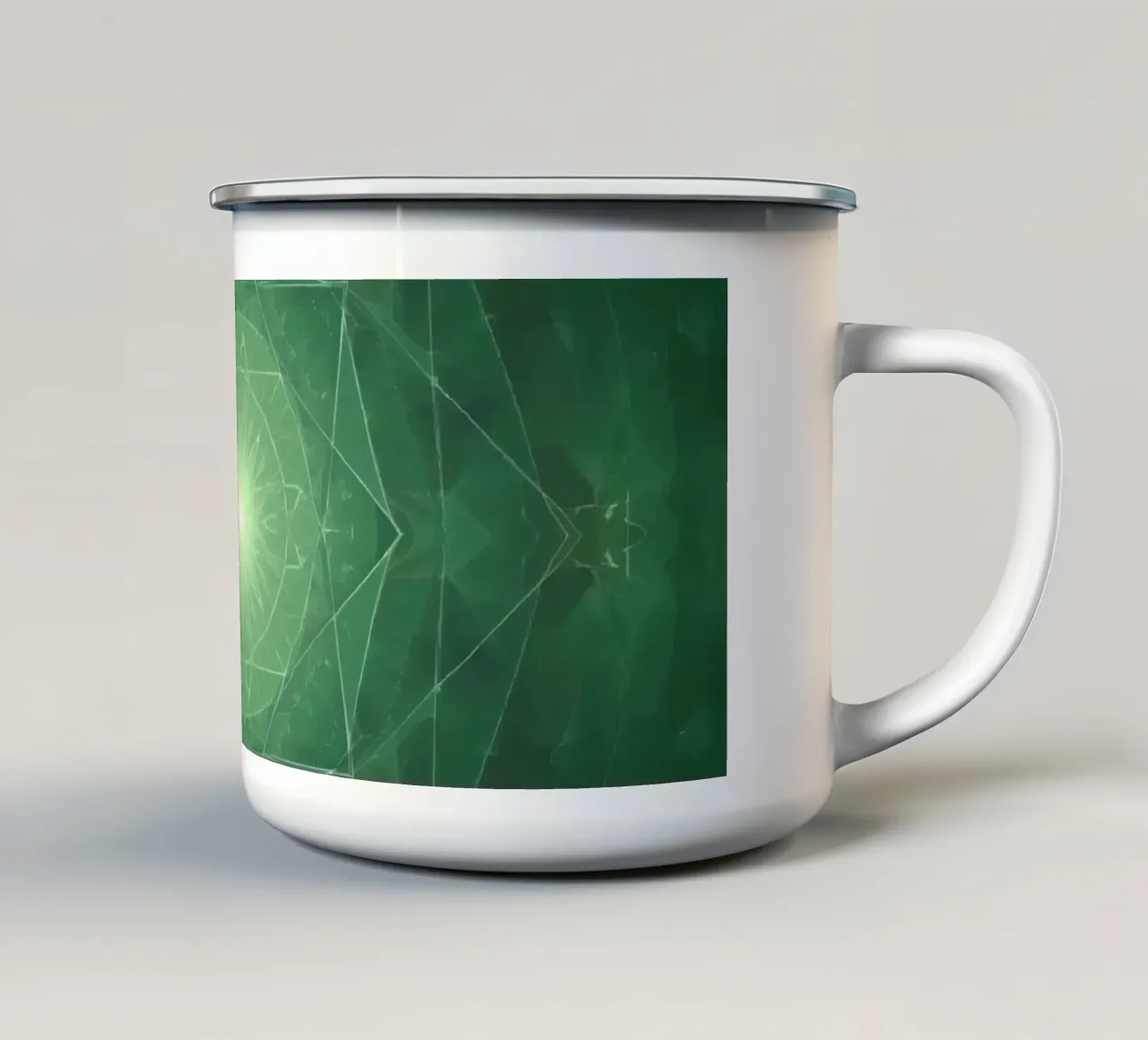 Composizione geometrica radiale verde con luce centrale tazza in smalto da DesignDoodle
