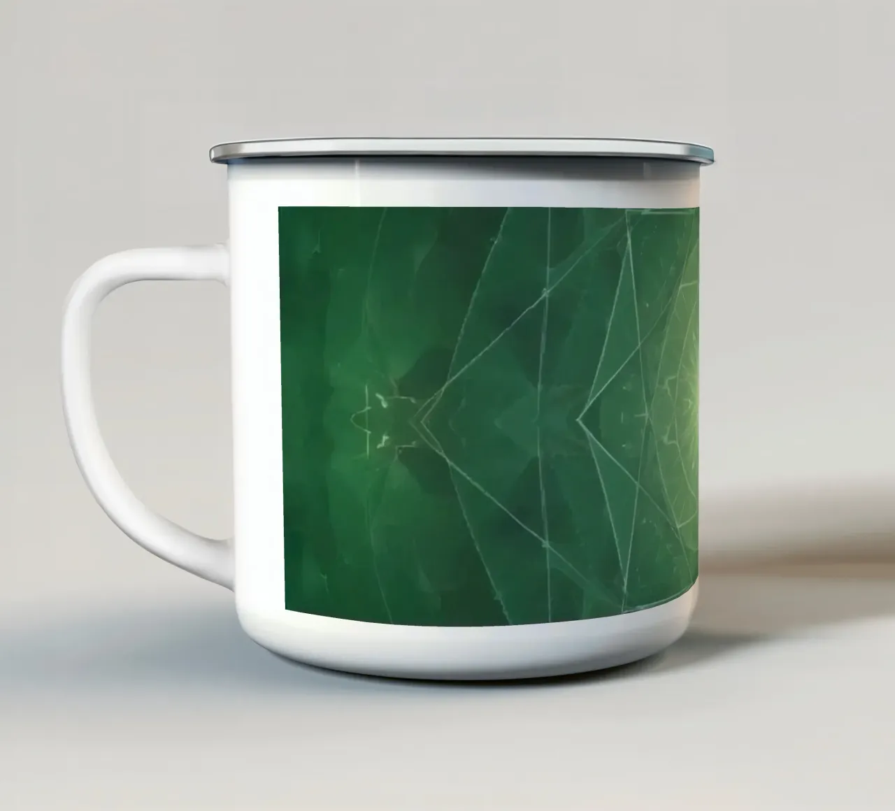 Composizione geometrica radiale verde con luce centrale tazza in smalto da DesignDoodle