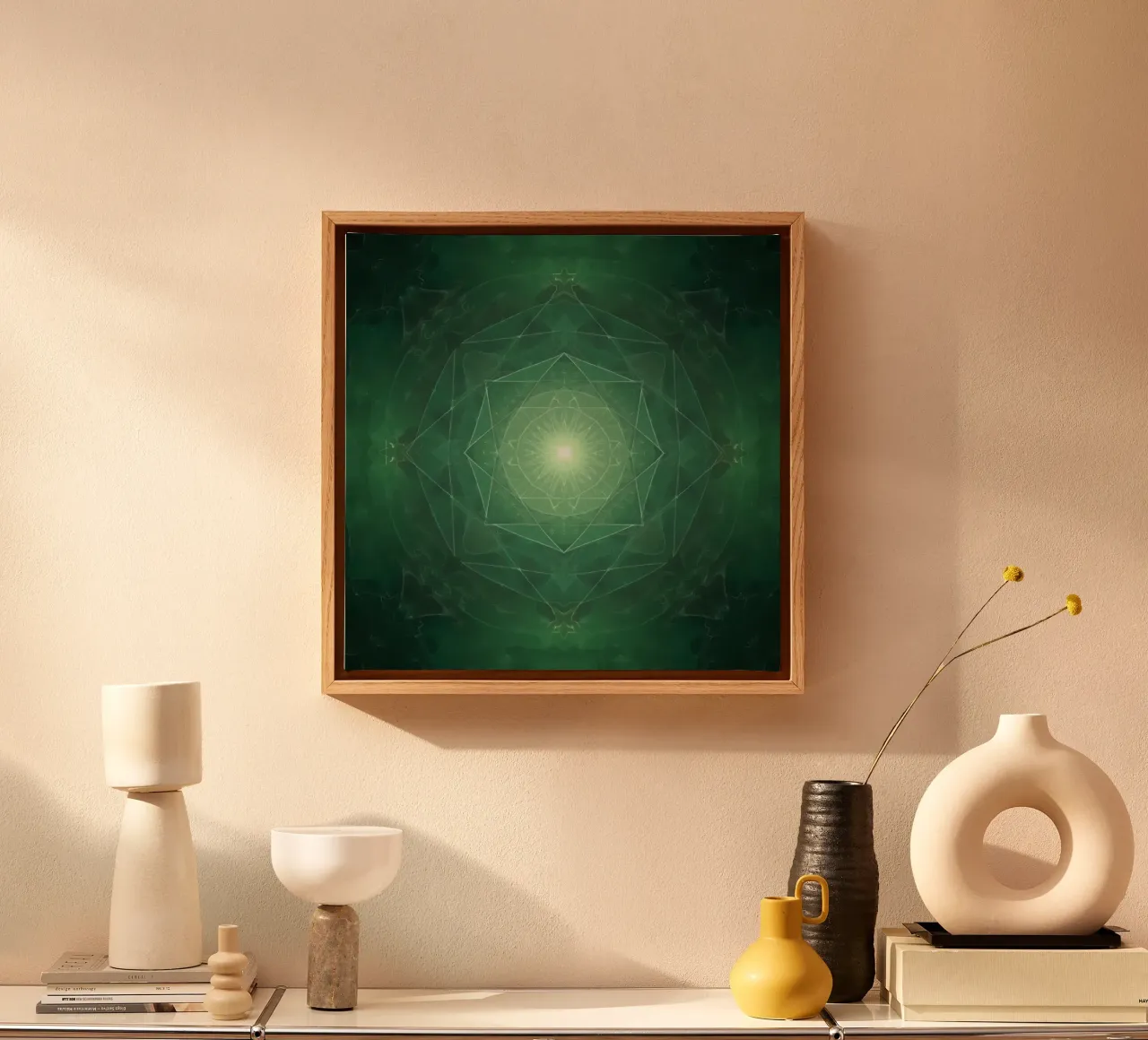 Composizione geometrica radiale verde con luce centrale tela con Cornice a cassetta da DesignDoodle