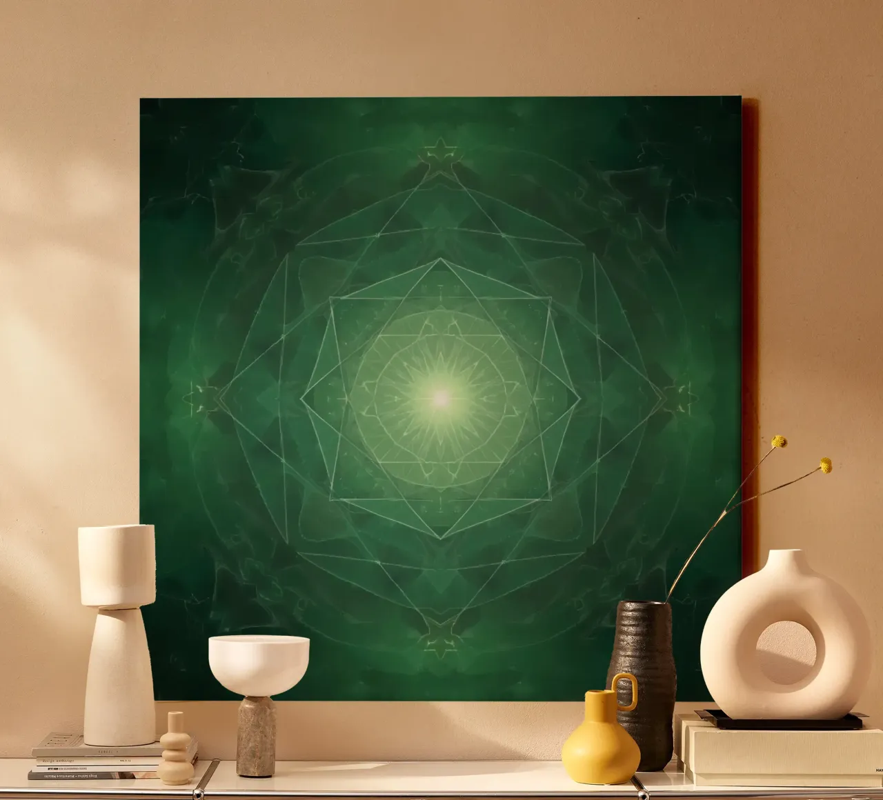 Composizione geometrica radiale verde con luce centrale tela con Cornice a cassetta da DesignDoodle