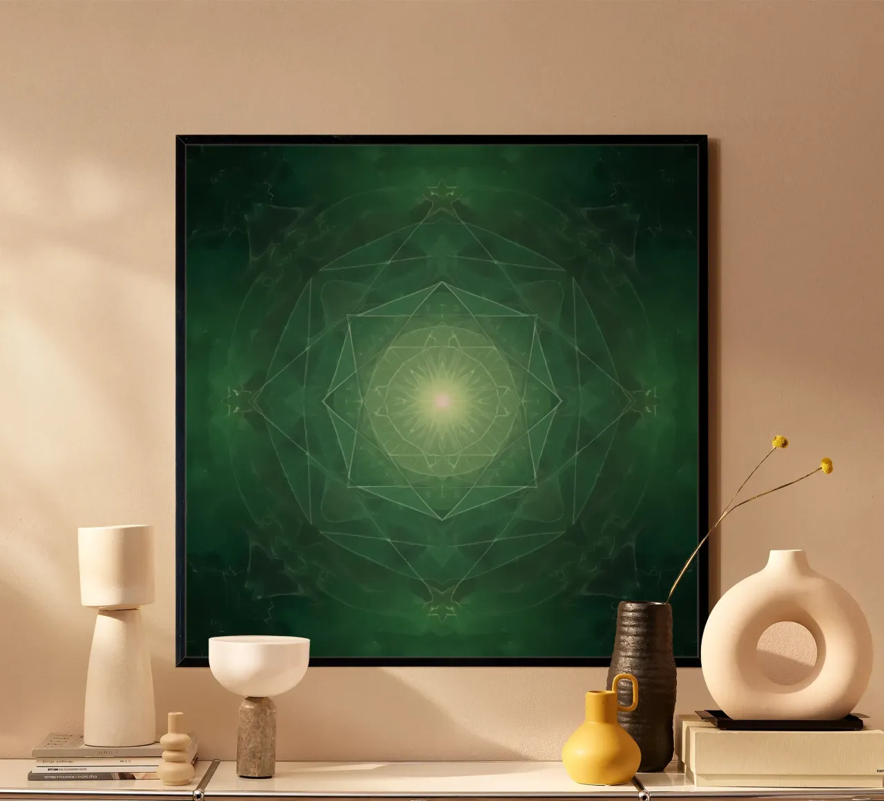 Composizione geometrica radiale verde con luce centrale poster con telaio in alluminio da DesignDoodle