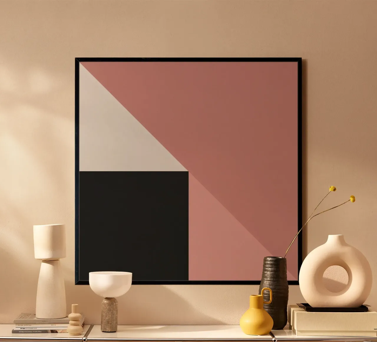 Forme geometriche in rosa, bianco e nero poster con telaio in alluminio da DesignDoodle