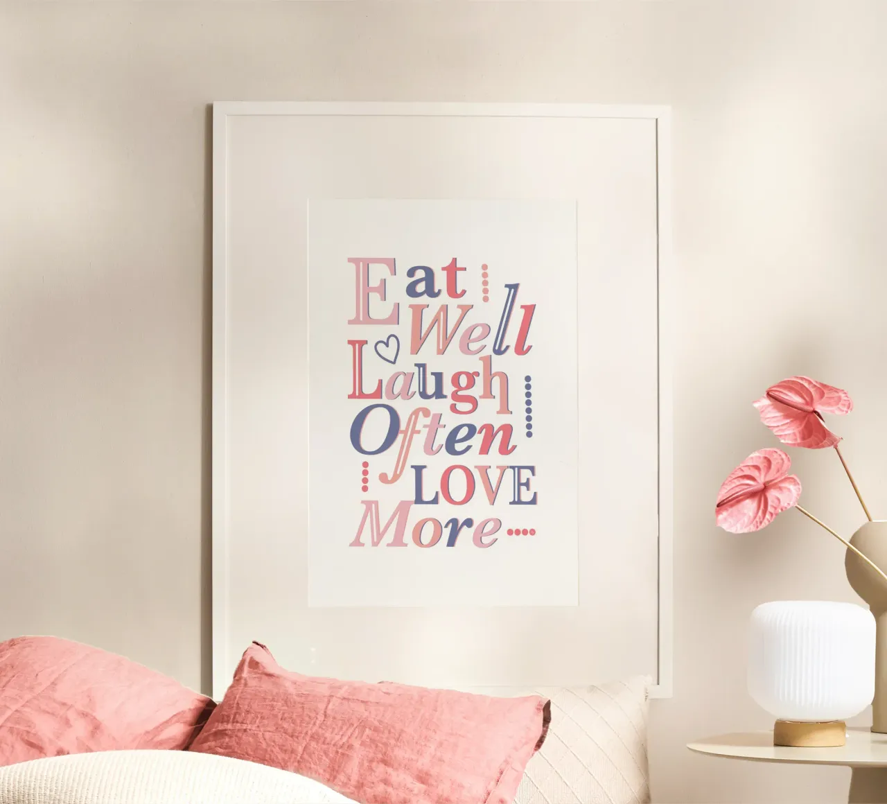 Mangiare bene, ridere spesso, amare di più citazione poster con telaio in legno da Martina