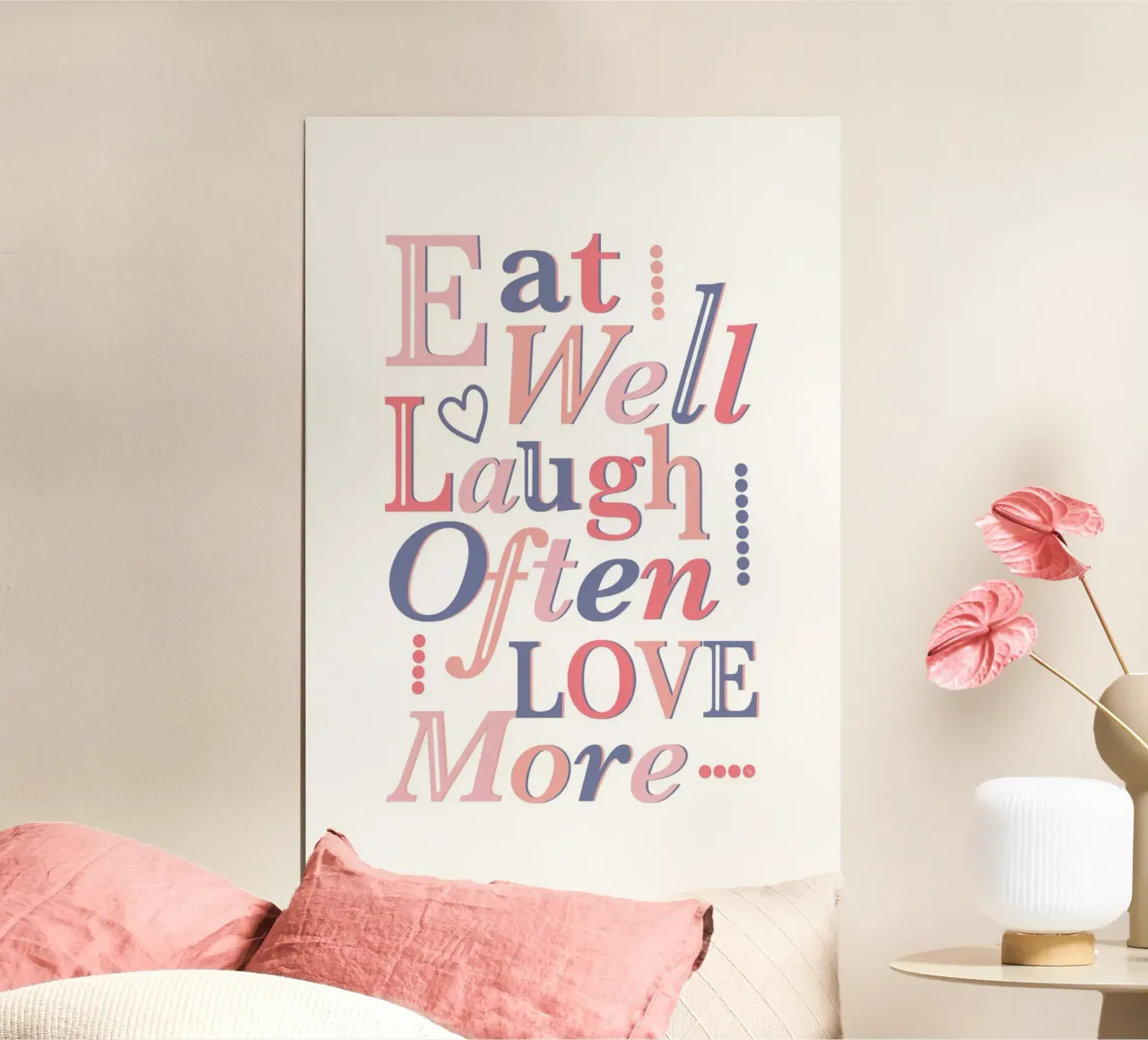 Mangiare bene, ridere spesso, amare di più citazione poster con telaio in legno da Martina
