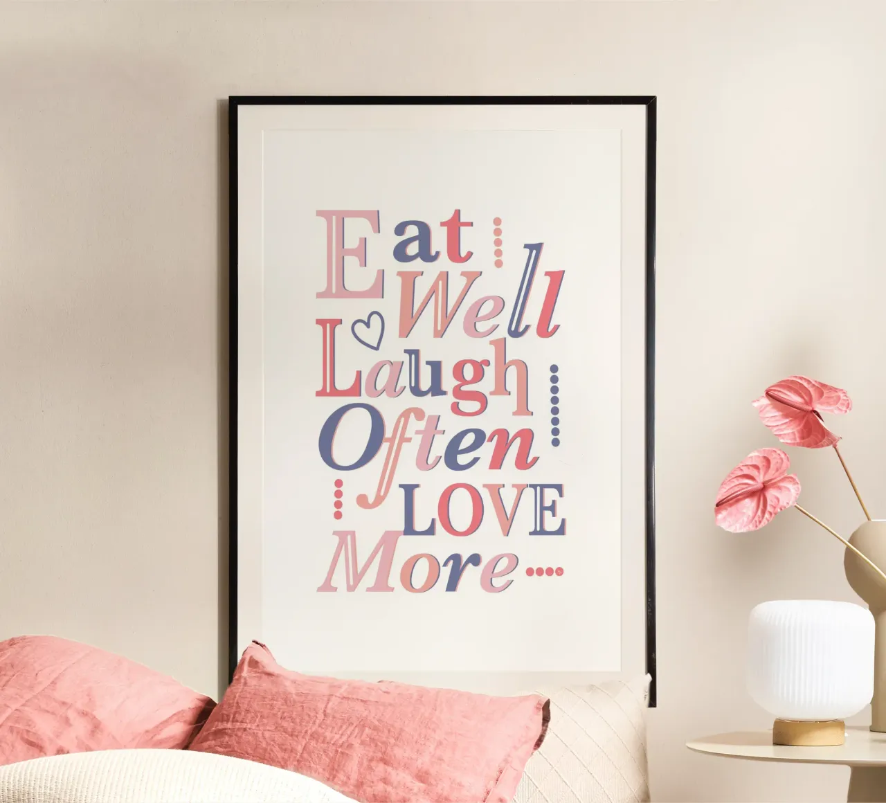 Mangiare bene, ridere spesso, amare di più citazione poster con telaio in legno da Martina