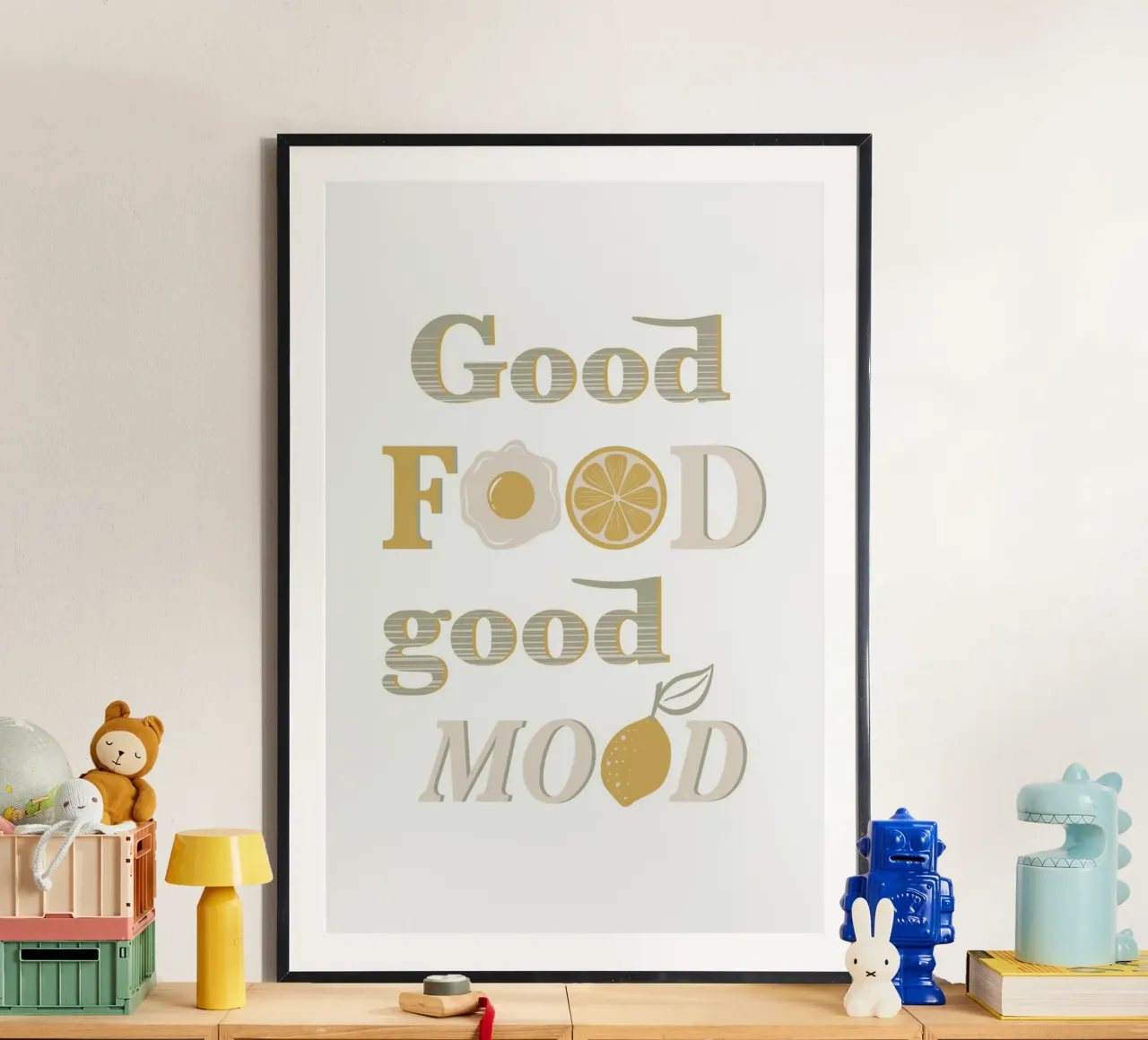 Buon cibo, buon umore poster con telaio in legno da Martina
