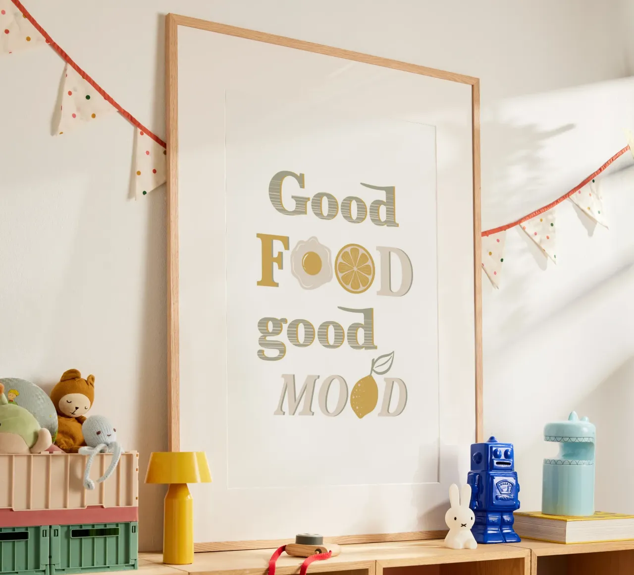 Buon cibo, buon umore poster con telaio in legno da Martina
