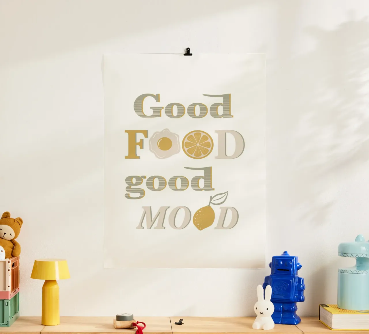 Buon cibo, buon umore poster con telaio in legno da Martina
