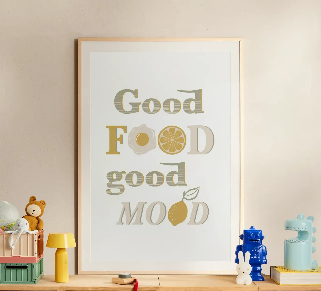 Buon cibo, buon umore poster con telaio in legno da Martina