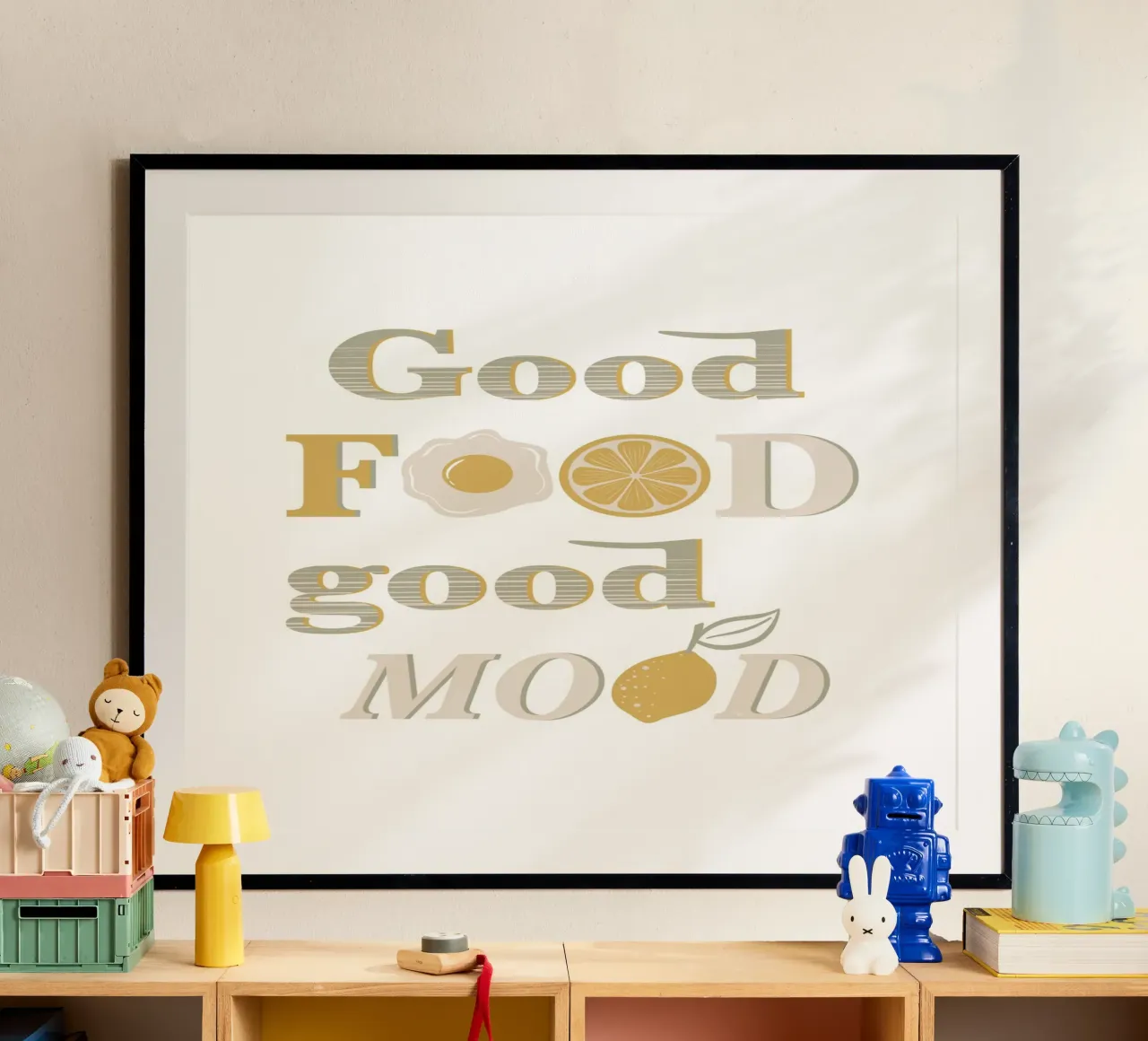 Buon cibo, buon umore poster con telaio in legno da Martina