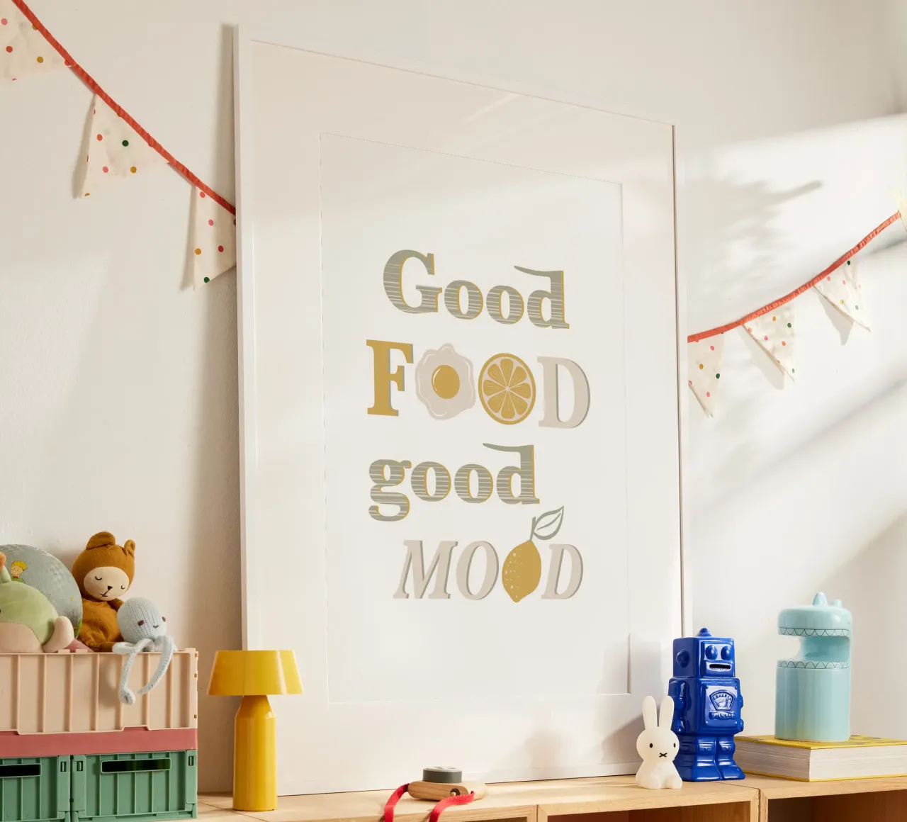 Buon cibo, buon umore poster con telaio in legno da Martina