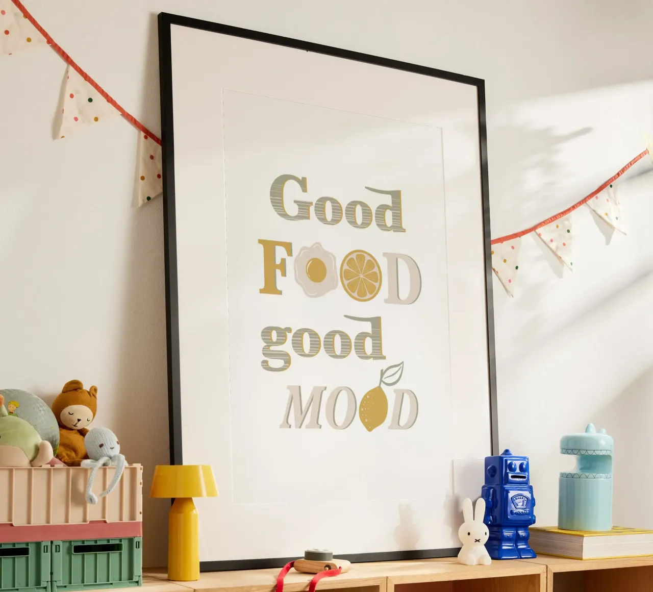 Buon cibo, buon umore poster con telaio in legno da Martina