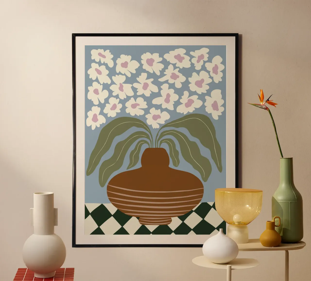 Argilla e fiori retrò poster con telaio in alluminio da Miho Art Studio