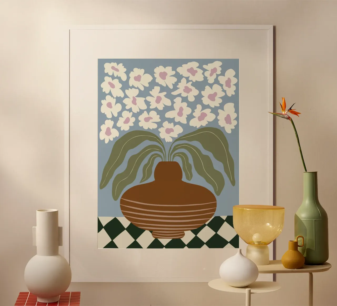 Argilla e fiori retrò poster con telaio in alluminio da Miho Art Studio