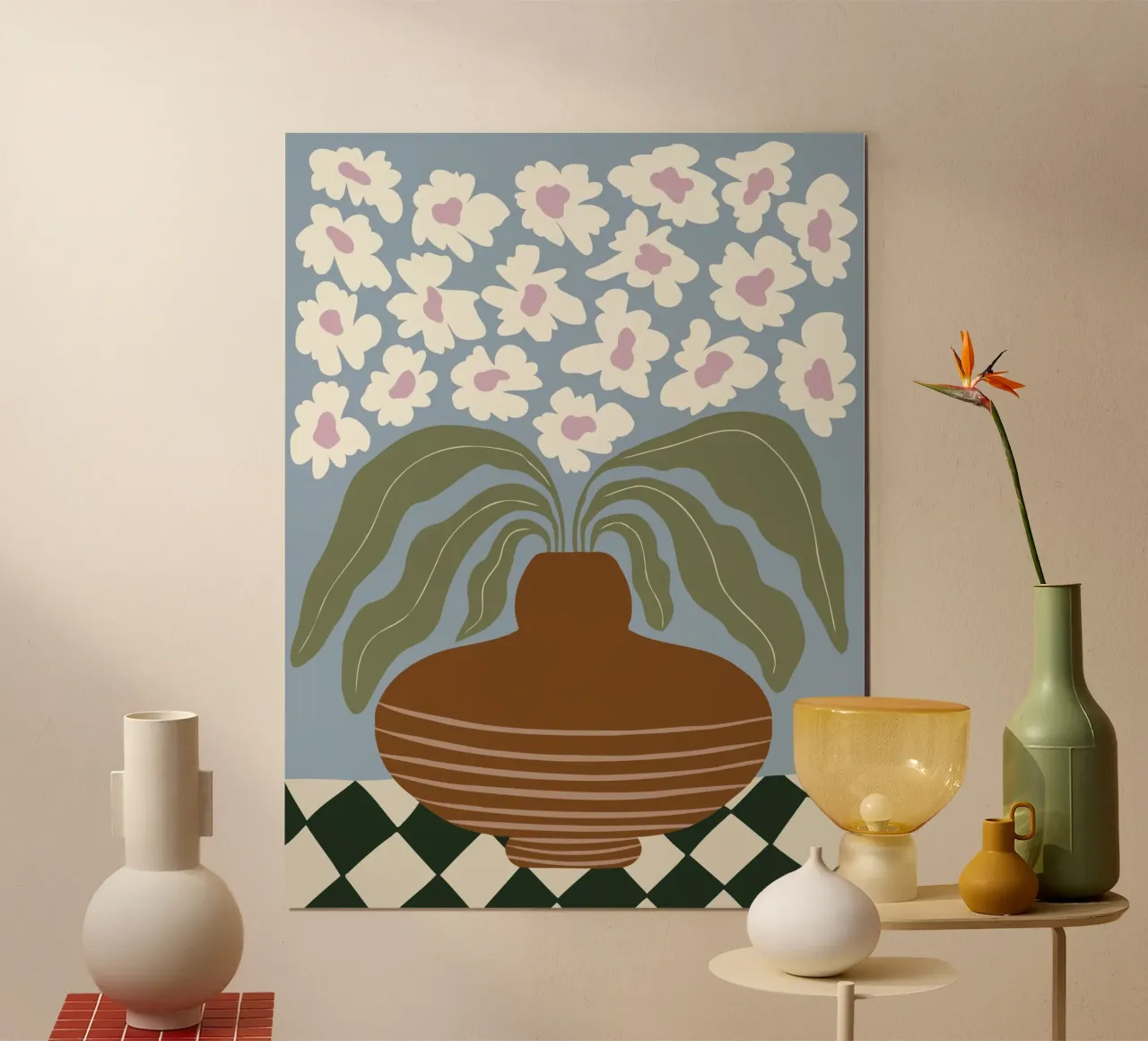 Argilla e fiori retrò poster con telaio in alluminio da Miho Art Studio