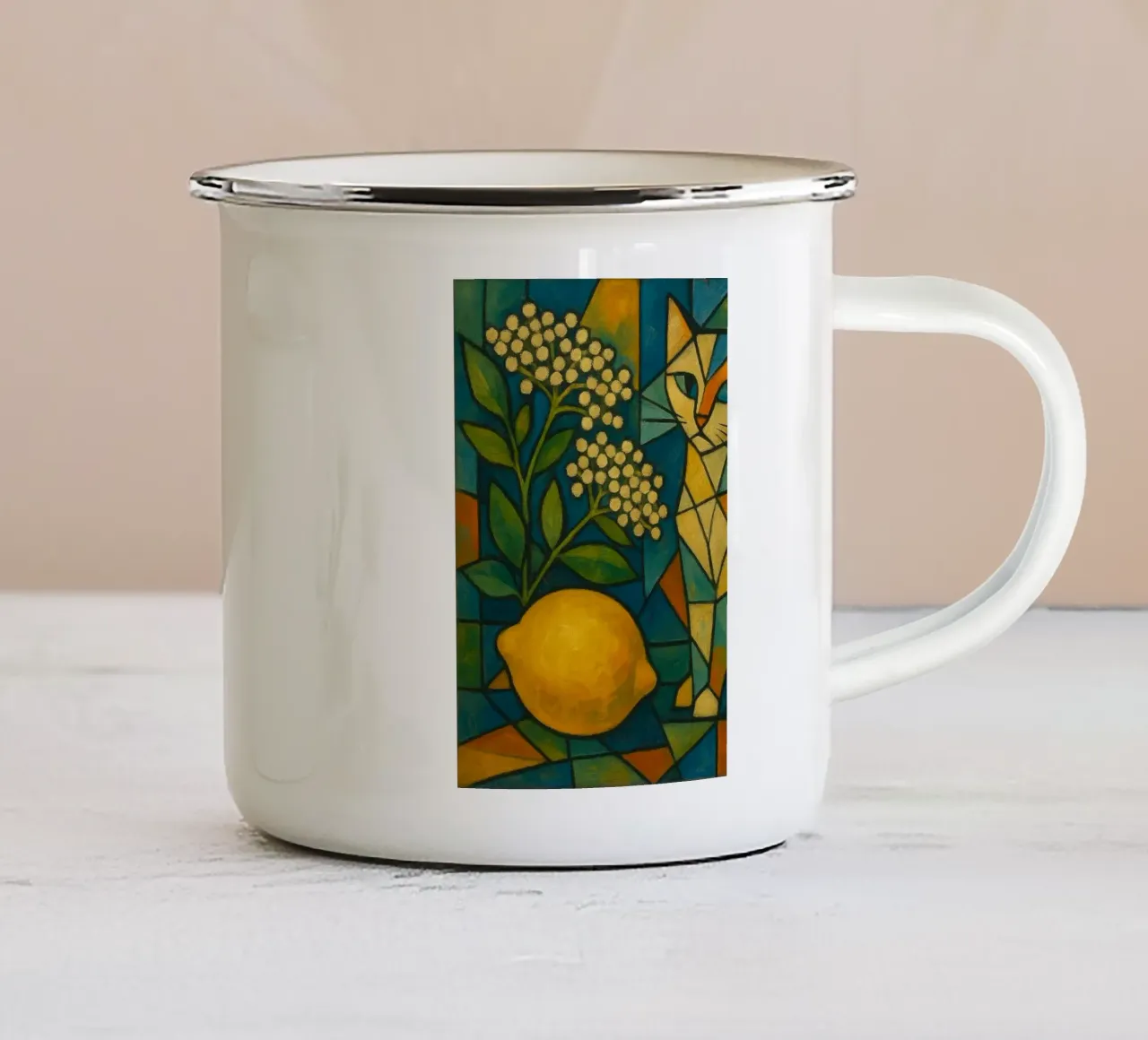 Elderflower Lemon Cat – Cubist Composition tazza in smalto da LemonCat Studio