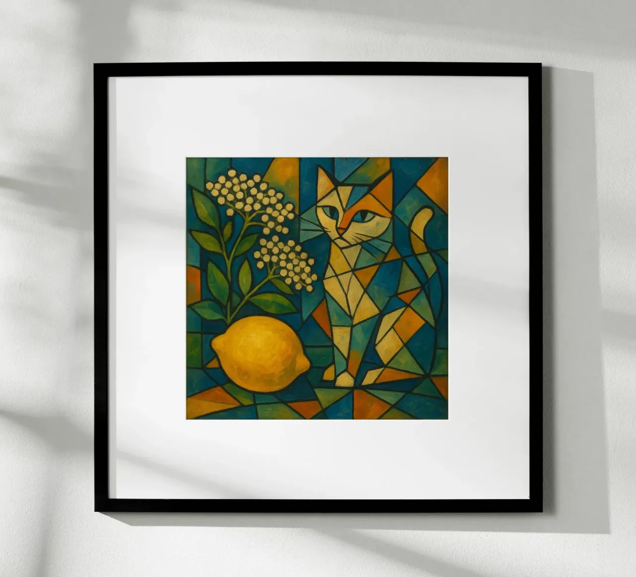 Elderflower Lemon Cat – Cubist Composition poster con telaio in plastica da LemonCat Studio