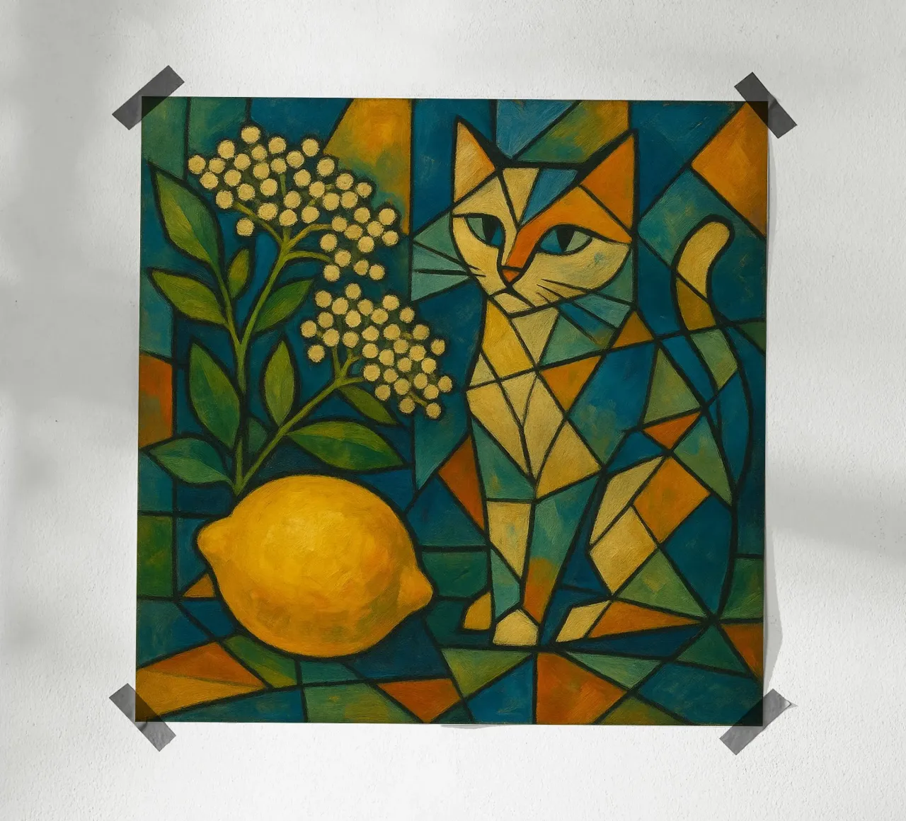Elderflower Lemon Cat – Cubist Composition poster con telaio in plastica da LemonCat Studio