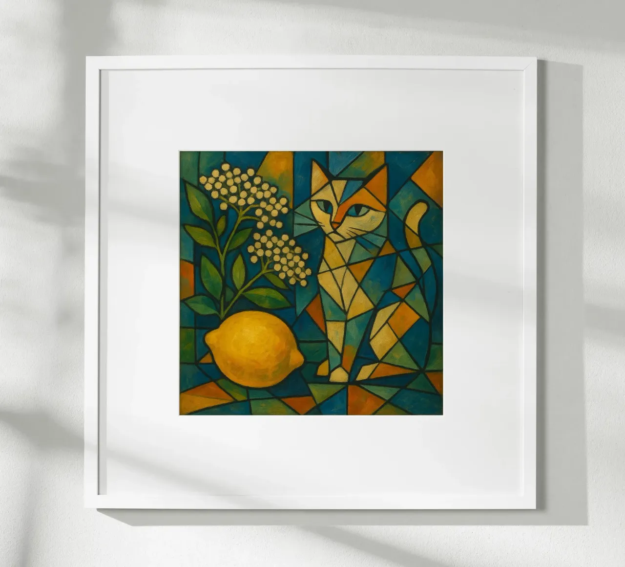 Elderflower Lemon Cat – Cubist Composition poster con telaio in plastica da LemonCat Studio