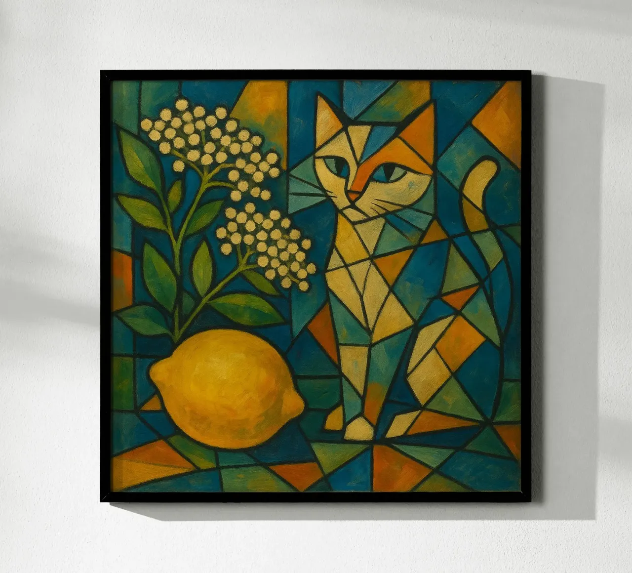 Elderflower Lemon Cat – Cubist Composition poster con telaio in plastica da LemonCat Studio