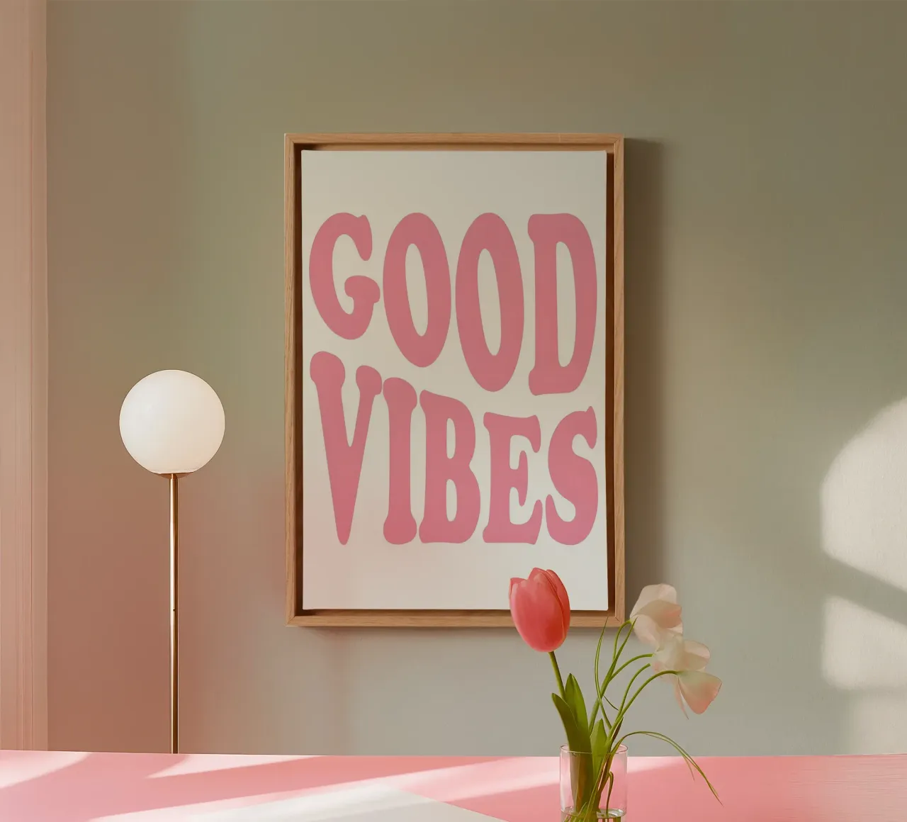 Groovy Good Vibes Poster - Retro Roze Typografie Print canvas met Baklijst van homdeco