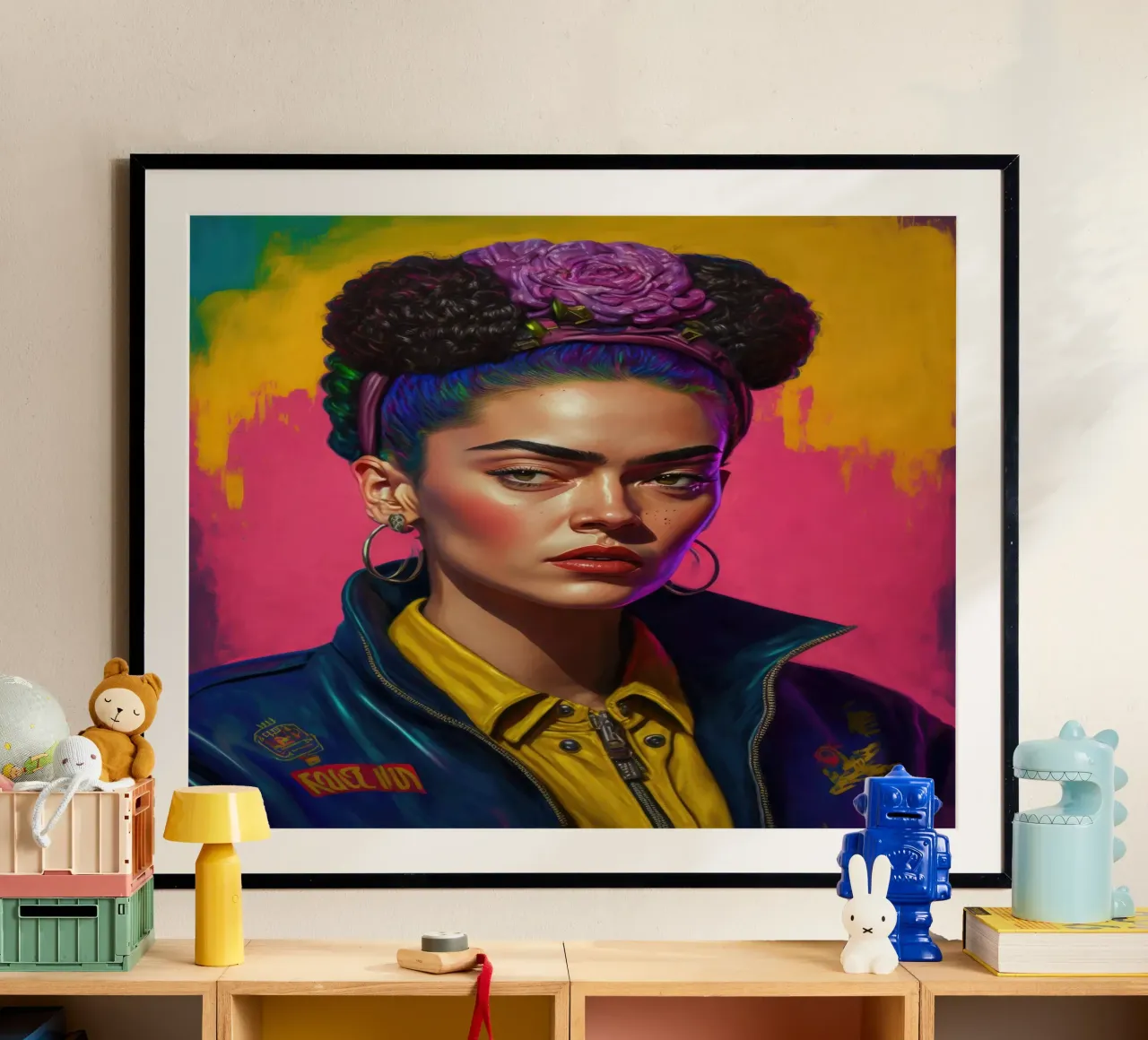 Frida Kahlo Punk Rosa Colore Onda Futuristico poster con telaio in alluminio da Tameo