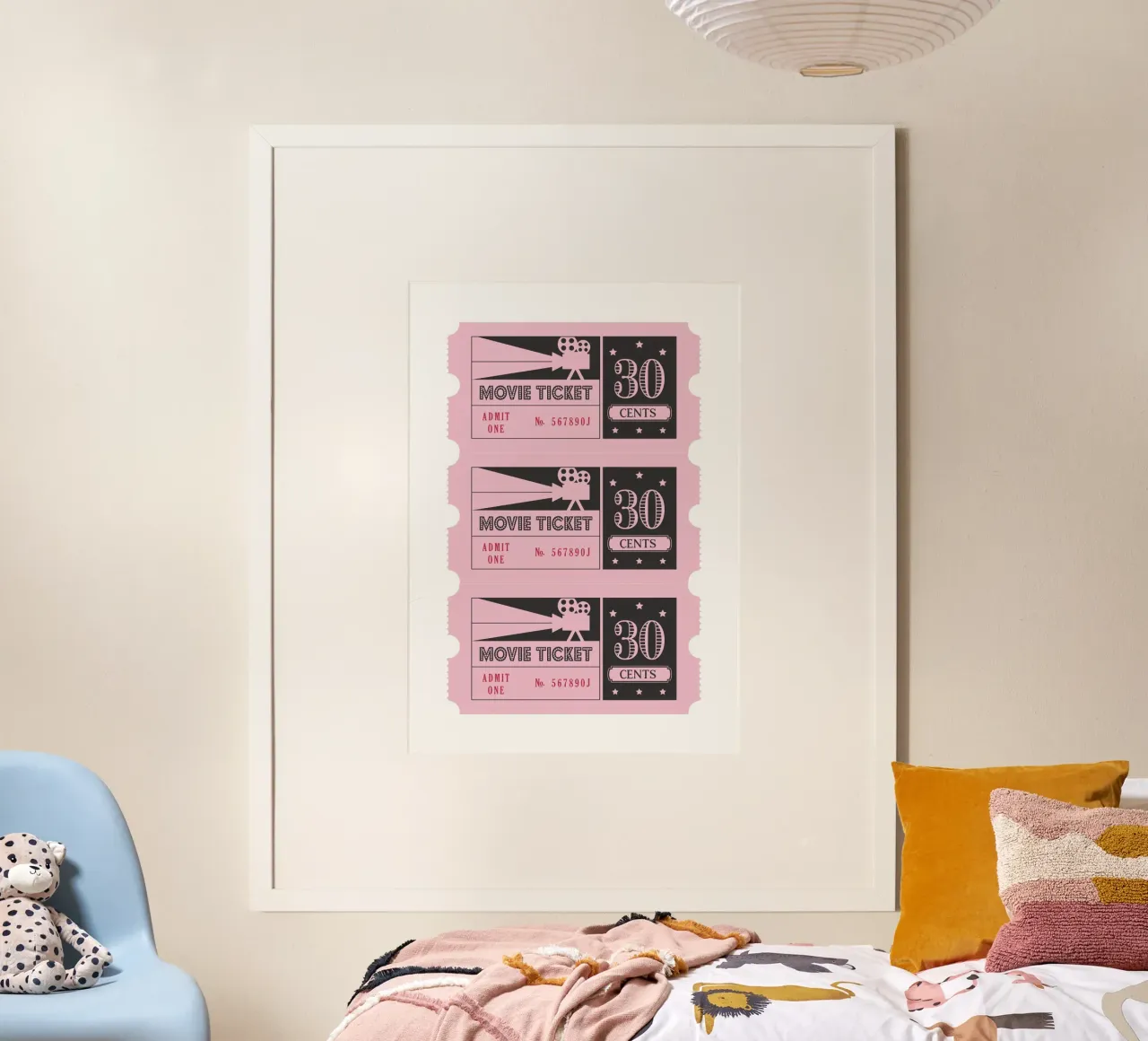 Retro filmticket poster - roze en zwarte kunstdruk poster van homdeco