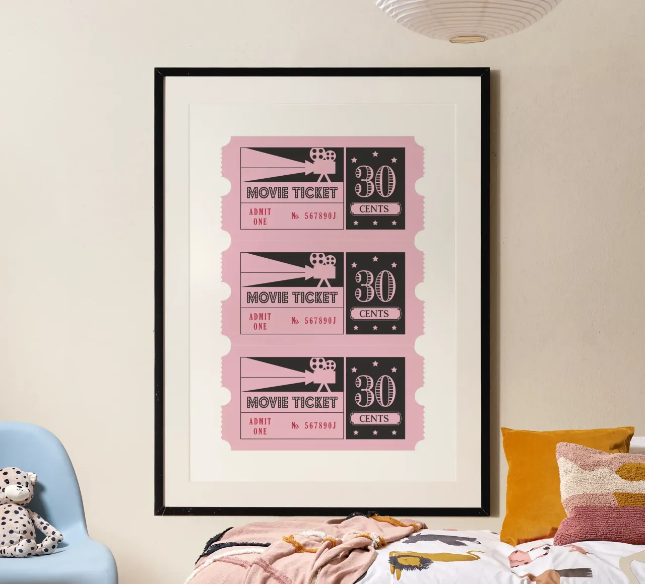 Retro filmticket poster - roze en zwarte kunstdruk poster van homdeco