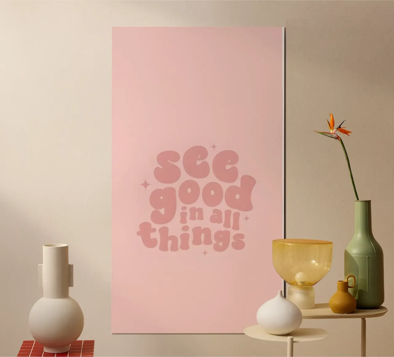 Vedere il bene in tutte le cose - Poster Art Rosa Groovy poster con telaio in alluminio da homdeco