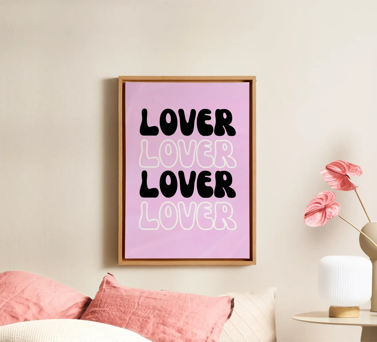 Lover Lover Lover - Groovy Pink Typography Art canvas with Floater frame by homdeco