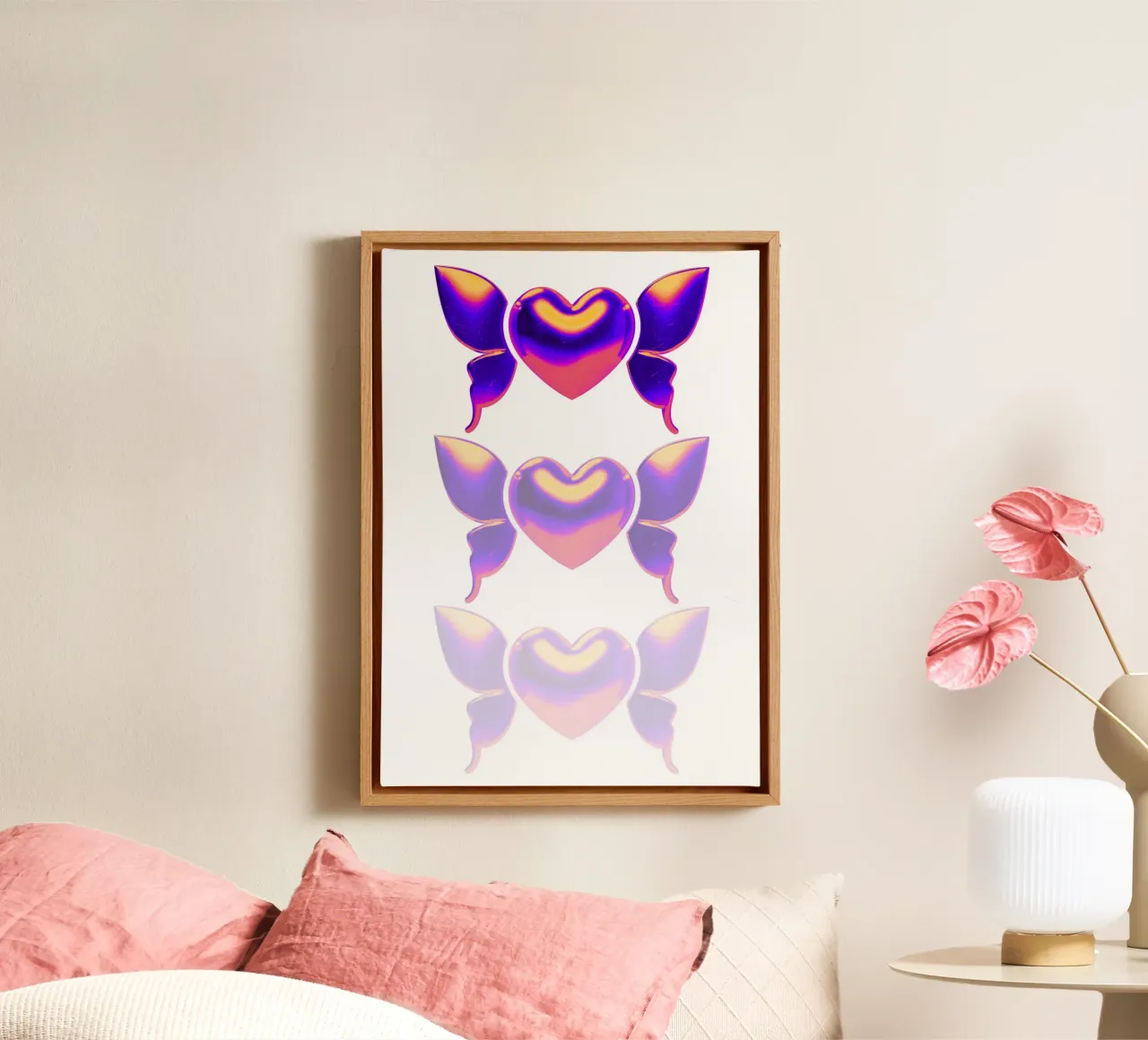 3D vlinderhartjes - iriserende millenniumkunstdruk canvas met Baklijst van homdeco