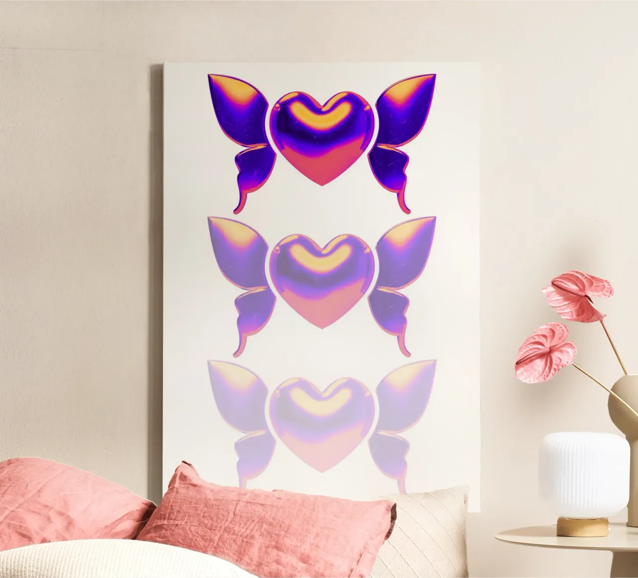 3D vlinderhartjes - iriserende millenniumkunstdruk canvas met Baklijst van homdeco