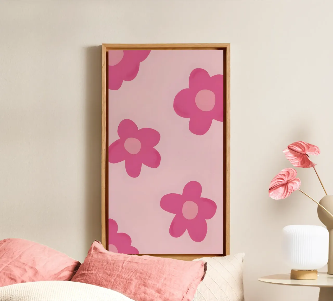 Retro Roze Bloemen - Groovy Bloemsierkunst canvas van homdeco