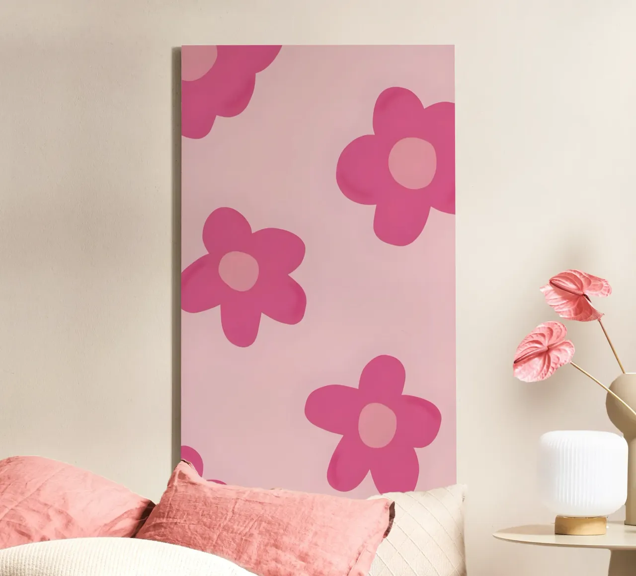 Retro Roze Bloemen - Groovy Bloemsierkunst canvas van homdeco