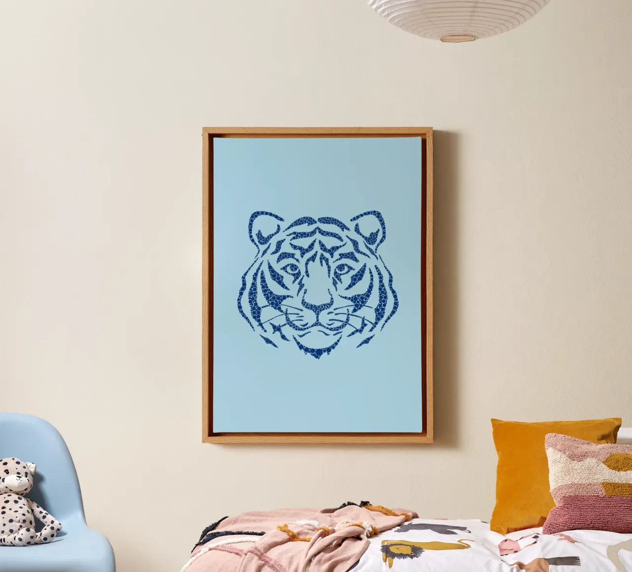 Blauw tijgergezicht - Pointillisme Kunstdruk canvas met Baklijst van homdeco