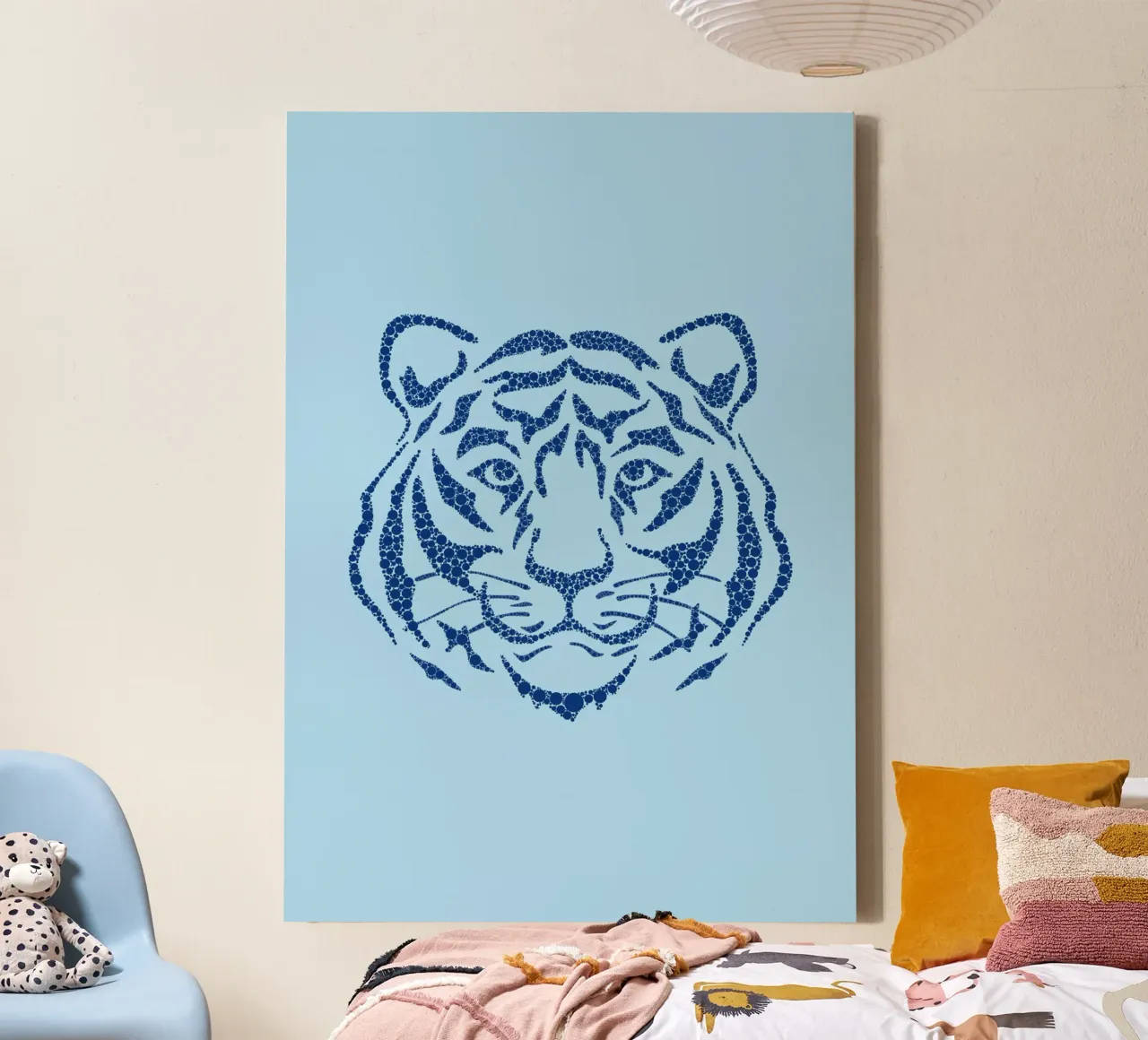 Blauw tijgergezicht - Pointillisme Kunstdruk canvas met Baklijst van homdeco