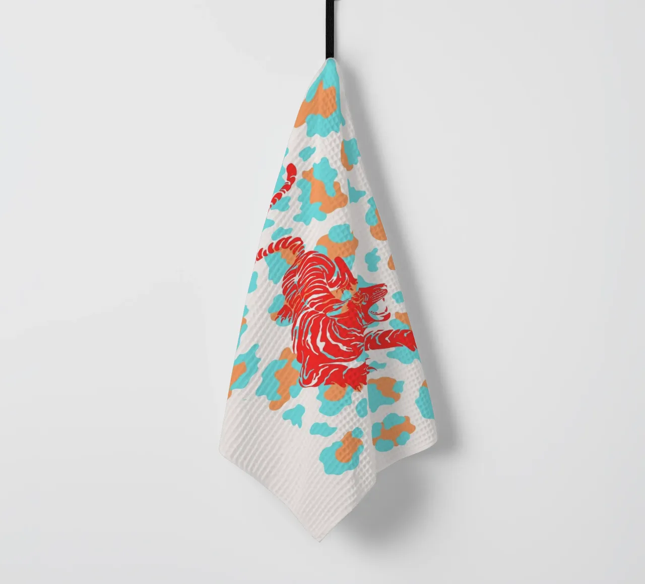 Red Tiger on Leopard Print - Pop Art Print tea towel by homdeco