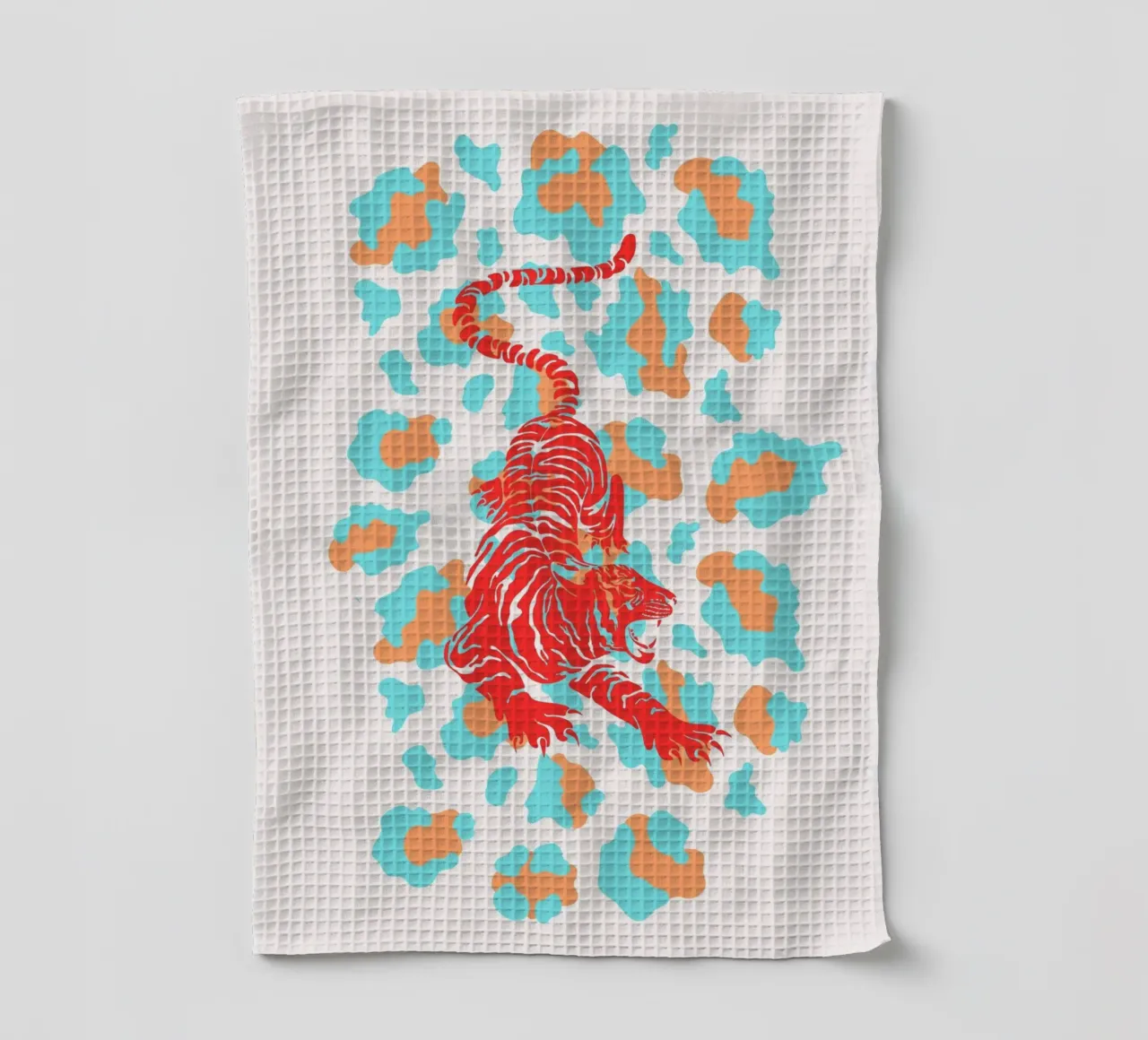 Red Tiger on Leopard Print - Pop Art Print tea towel by homdeco